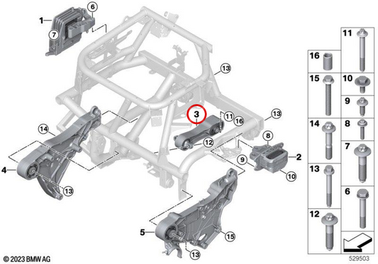 OEM pendulum support 22116885784 for MINI F56, F54, F57, F60, including Cooper SE and Cooper ALL4. Original MINI.