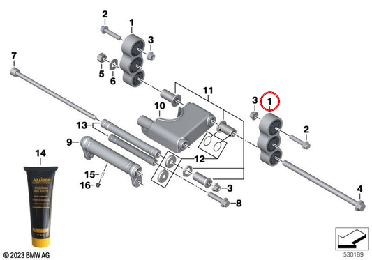 Supporto con silentblock OEM 22119446084 per BMW Motorrad C 400 GT, C 400 X. Originale BMW Motorrad.
