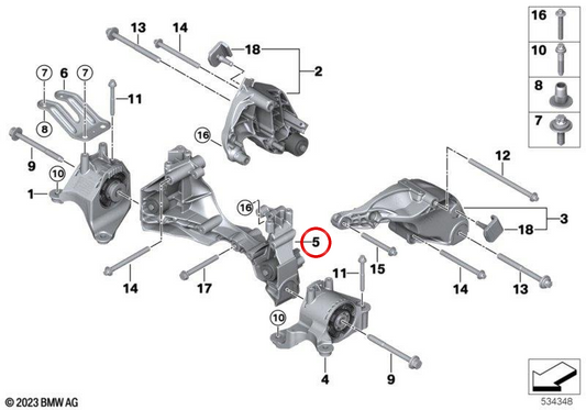 Suporte do motor OEM 22119485638 para BMW i5 G60, i5 Touring G61 e i7 G70. Original BMW