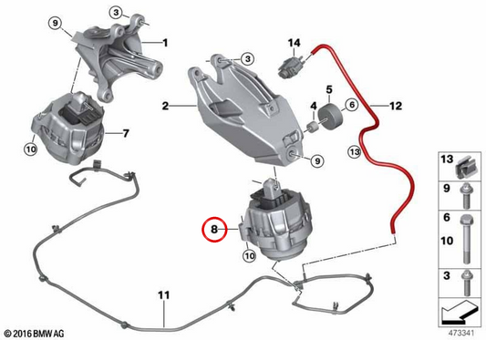 Soporte motor izquierdo OEM 22119845247 para BMW G30, G31. Original BMW.
