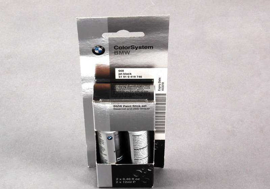 Pintura de retoque color Jet Black (negro) 2x12ml OEM 51910419746 para BMW {E46,E60,E61,E63,E64,E65,E66,E70,E71,E81,E82,E83,E84,E85,E87,E88,E90,E91,E92,E93,F01,F02,F07,F10,F11,F15,F16,F20,F21,F22,F25,F26,F30,F31,F32,F33,F34,F36,F80,F82,F83,G30,G31,X1