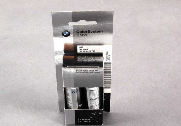 Pintura de retoque color Jet Black (negro) 2x12ml OEM 51910419746 para BMW {E46,E60,E61,E63,E64,E65,E66,E70,E71,E81,E82,E83,E84,E85,E87,E88,E90,E91,E92,E93,F01,F02,F07,F10,F11,F15,F16,F20,F21,F22,F25,F26,F30,F31,F32,F33,F34,F36,F80,F82,F83,G30,G31,X1