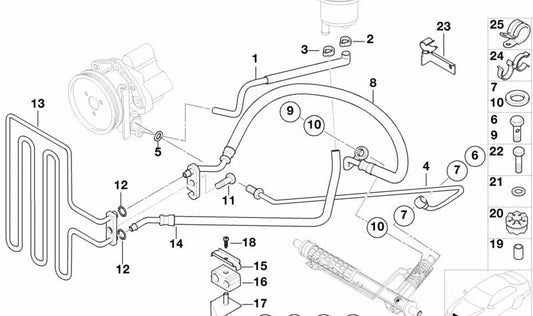 Tubería de retorno de dirección asistida OEM 32411095896 para BMW E39. Original BMW.
