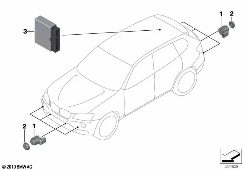 Sensor ultrasónico azul profundo para BMW F07, F10, F11, F18, F06, F12, F13, F01, F02, F04, X3 F25, X5 E70N (OEM 66209233035). Original BMW