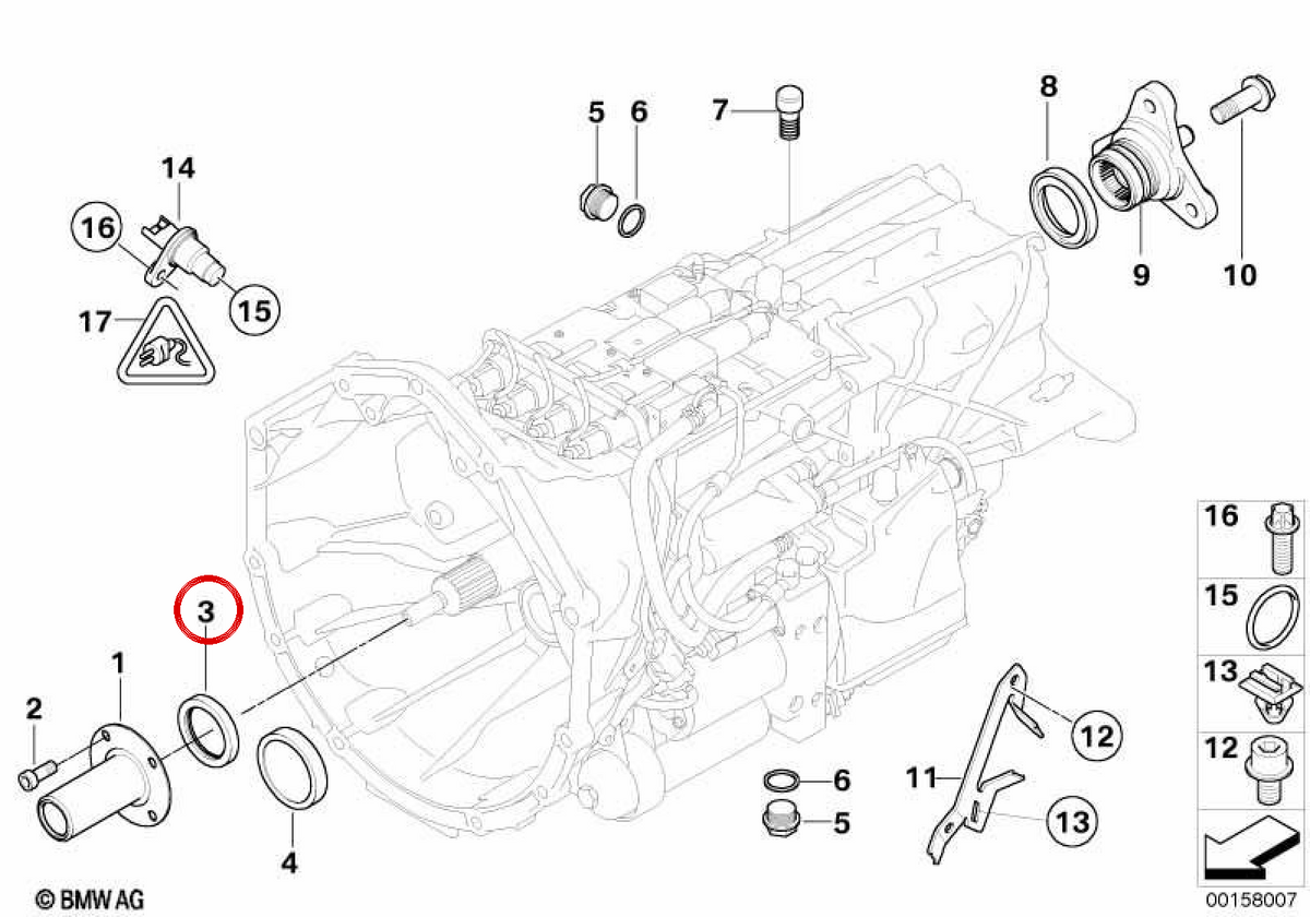 Vedação do eixo OEM 23017837412 para BMW E60, E61, E63, E64. BMW genuíno.