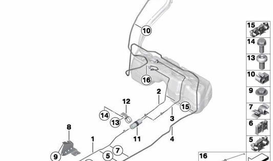 Tubería de retorno de combustible trasera OEM 16127220715 para BMW F25 y F26 (X3 y X4 con motor N20). Original BMW.