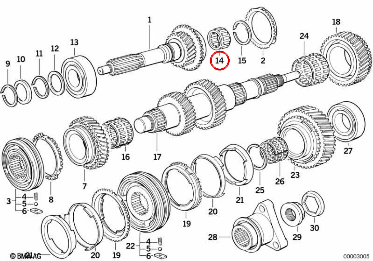 Cuscinetto a rulli OEM 23221282571 per BMW E87, E36, E46, E34, E39, Z3, E85. Compatibile con scatole S5D ... g. BMW originale.