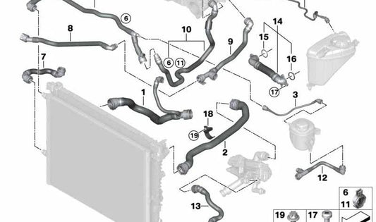 Manguera de retorno calefacción OEM 17128678504 para BMW G30, G31, G32, G11, G12, G14, G15, G16. Original BMW.