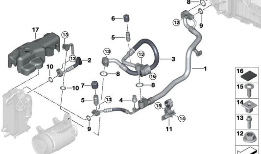 Tubo de ar condicionado entre o compressor e o condensador OEM 64539860607 para BMW G30, G31, G32, G11, G12, G14, G15 e G16. BMW original.