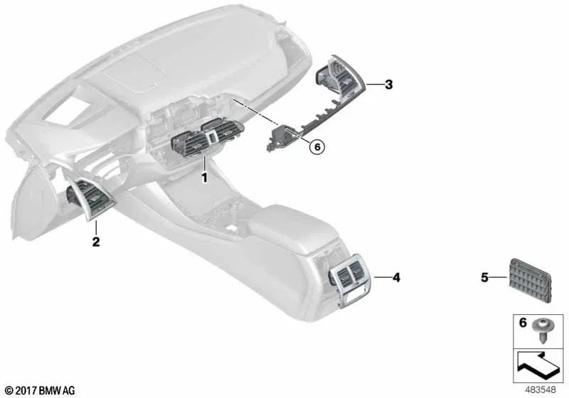 Rejilla de ventilación lateral del pasajero para BMW X3 F97, F97N, G01, G01N, G08, X4 F98, F98N, G02 (OEM 64229384395). Original BMW.