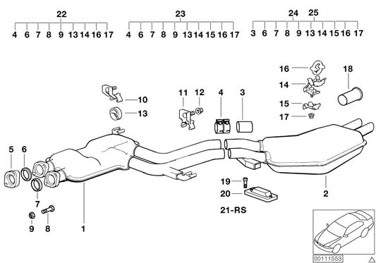 Embellecedor cromado de escape OEM 82119401504 para BMW E34, E24, E32 (520i, 530i). Pieza original BMW.