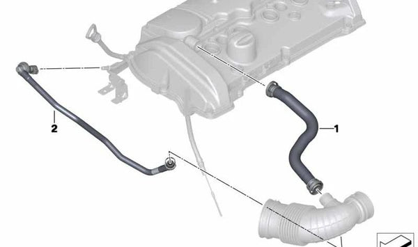 Tubo de ventilación del motor OEM 11157608144 para BMW F20, F20N, F21, F21N, F30, F30N, F31, F35, F35N. Original BMW.