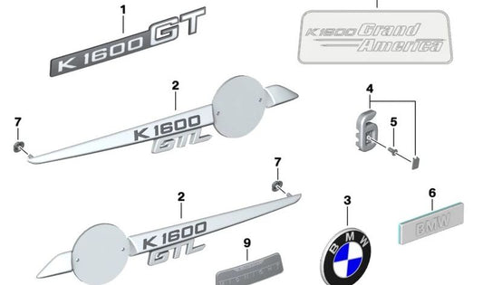 Emblema lateral izquierdo "GTL" OEM 51148545115 para BMW Motorrad K 1600 GTL y K 1600 GTL Exclusive (KK48). Original BMW Motorrad.