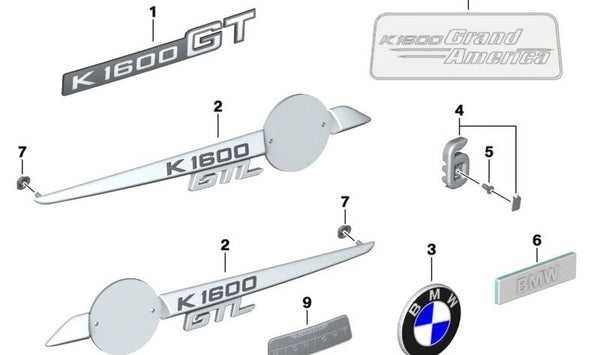 Emblema lateral izquierdo "GTL" OEM 51148545115 para BMW Motorrad K 1600 GTL y K 1600 GTL Exclusive (KK48). Original BMW Motorrad.