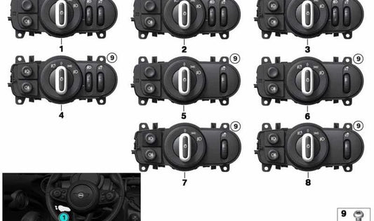 Dispositivo de mando de luces OEM 61315A25479 para MINI F56, F55, Clubman F54, Cabrio F57. Original MINI.