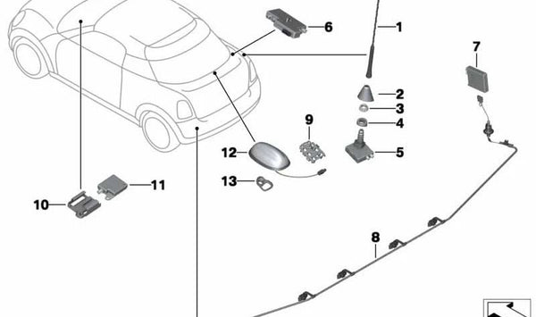 Antena para parachoques FM/DAB OEM 65203453590 para MINI R57, R58, R59. Recambio original MINI, ideal para mejorar señal de radio y compatibilidad DAB en modelos descapotables y coupé.