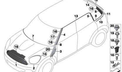 Rejilla decorativa frontal OEM 51139807476 para MINI R60, R61 (Countryman y Paceman). Original MINI.