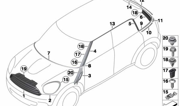 Rejilla decorativa frontal OEM 51139812756 para MINI R60 {Cooper, Cooper ALL4} fabricados entre 2010 y 2016. Original MINI.