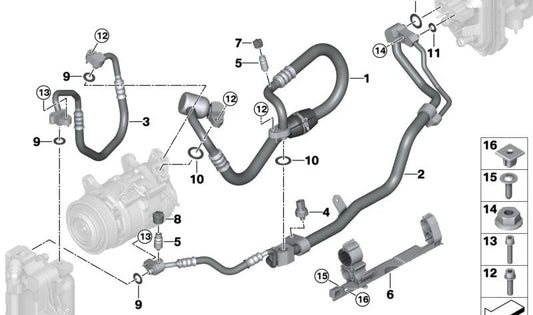 Tubería de aire acondicionado OEM 64539872118 para BMW G60 (540i xDrive) y G70 (735i, 740i, 740i xDrive). Compatible con todos los modelos indicados. Recambio original BMW.