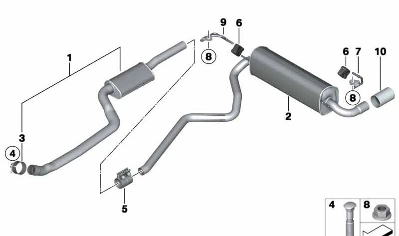 Silenciador intermedio OEM 18307646042 para BMW F20, F21 (118i, 120i) y F30 (modelos con motor N13). Compatible con cambio manual y automático. Original BMW.