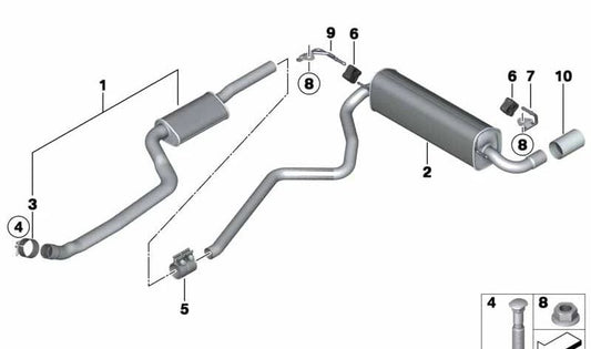 Silenciador intermedio OEM 18307646042 para BMW F20, F21 (118i, 120i) y F30 (modelos con motor N13). Compatible con cambio manual y automático. Original BMW.