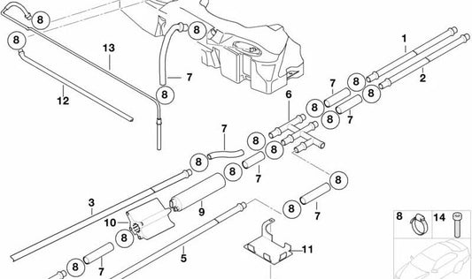 Tubería de retorno de combustible delantera OEM 16126758062 para BMW E39. Original BMW.