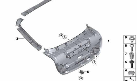 Panel interior lateral izquierdo OEM 51497345225 para BMW F36 418d. Compatible con modelos producidos entre 2014 y 2020. Color gris Everest. Original BMW.