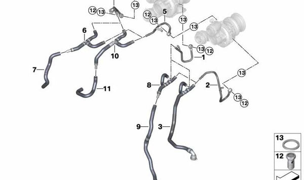 Tubería de alimentación turbo OEM 11538741772 para BMW F06, F12, F15, F16. Original BMW.
