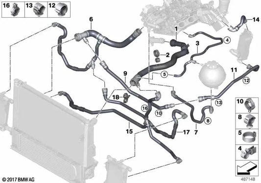 Tambuco di radiatore refrigerante per BMW F20N, F21N, F22, F23, F30N, F31N, F35N, F32, F36 (OEM 17128662834). BMW originale