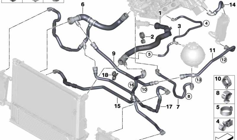 Manguera del radiador OEM 17128675285 para BMW F21, F22, F23, F30, F31, F32, F36. Recambio original BMW. Ideal para solucionar problemas de fugas o refrigeración en el sistema del motor.