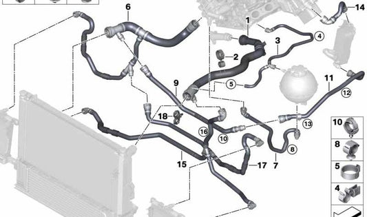 Manguera del radiador OEM 17128675285 para BMW F21, F22, F23, F30, F31, F32, F36. Recambio original BMW. Ideal para solucionar problemas de fugas o refrigeración en el sistema del motor.
