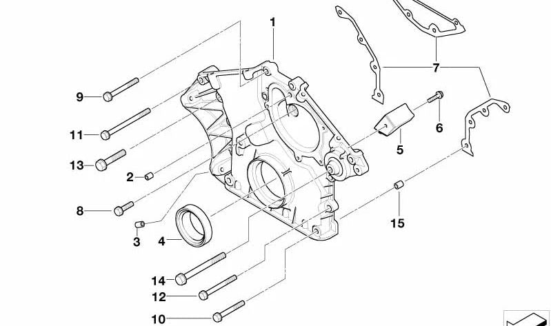 Junta tapa cadena OEM 11147515707 para BMW E65 y E66 760i y 760Li con motor N73. Compatible con modelos fabricados entre 2003 y 2008. Recambio original BMW.