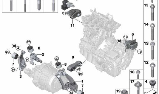 Soporte motor OEM 22116856297 para BMW i8 {I12, I15} todos los modelos compatibles. Original BMW.