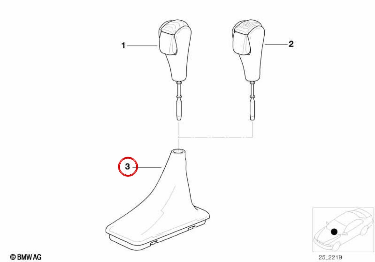 Black selector lever cover OEM 25161423220 for BMW 3 E46 Series (1998-2006). Original BMW.