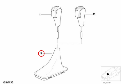 Black selector lever cover OEM 25161423220 for BMW 3 E46 Series (1998-2006). Original BMW.