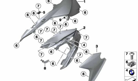 Embellecedor lateral derecho OEM 46638554368 para motos BMW F 800 GS, F 650 GS. Original BMW Motorrad.