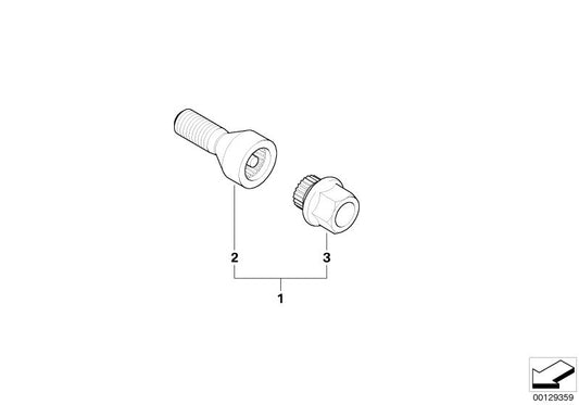 Juego antirrobo de tornillos de rueda OEM 36136786426 para BMW E65, E66, E83. Incluye 4 tornillos con codificación especial y llave adaptadora. Protección efectiva contra robos. Original BMW.