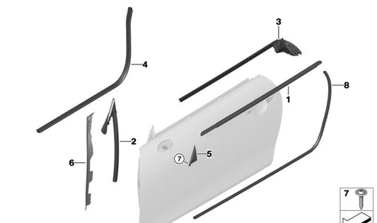 Sellado de panel protector esquina interior derecha OEM 51335A4CF98 para MINI F56, F56 BEV, F56 LCI, F66, Cabrio F57... y más. Original MINI.