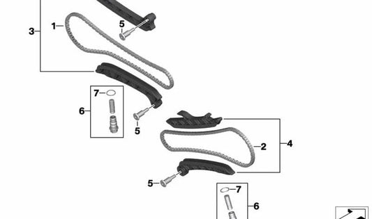 Kit guía cadena derecha OEM 11319444426 para BMW Motorrad F700GS, F750GS, F800GS, F800GT, F800R, F800S, F800ST, F850GS, F900R, F900XR, K72, K73, K75, K76, K81, K83, K84, K91, K93. Original BMW Motorrad.