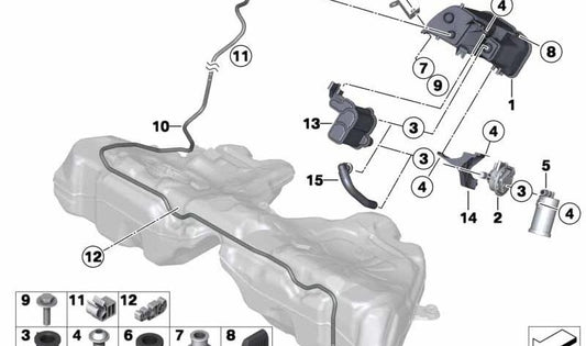 Soporte de sujeción OEM 16137331119 para BMW F10, F10N, F06, F06N. Pieza original BMW. Ideal para fijación en sistema de ventilación de combustible o filtro de carbón activo.