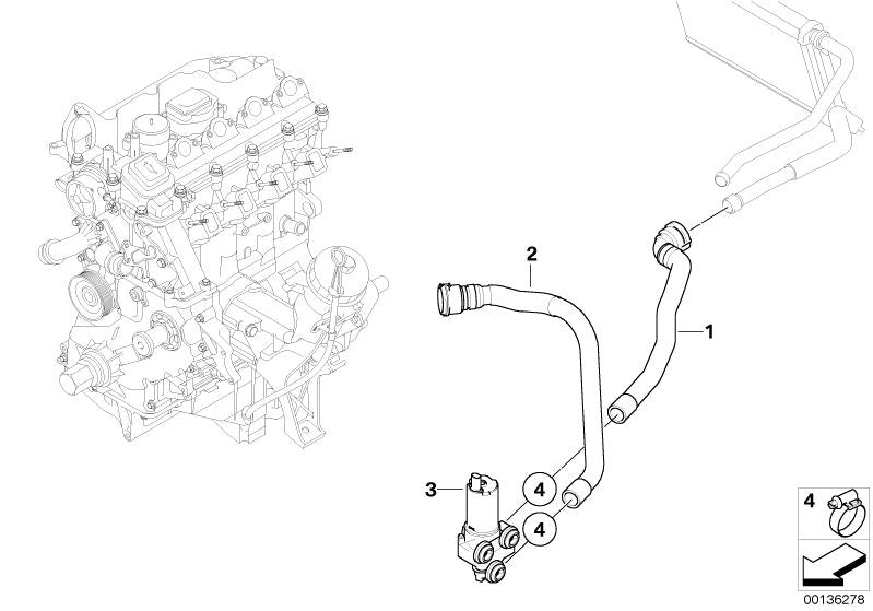 Tubo retorno bomba de agua adicional OEM 64216928592 para BMW Serie 1 E87, Serie 3 E90, E91... y más. Original BMW.