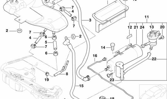 Tornillo depósito de combustible OEM 16131184527 para BMW E46, E85, E86, R50, R53. Original BMW.