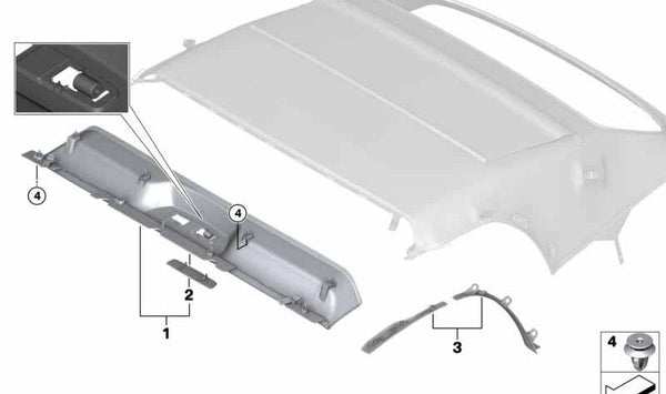 Juego de molduras marco techo OEM 54349449207 para BMW Z4 G29 {sDrive20i, Z4 M40i} (modelos HF01, HF02, HF11, HF12, HF21, HF22, HF51, HF52, HF61, HF62). Pieza original BMW.