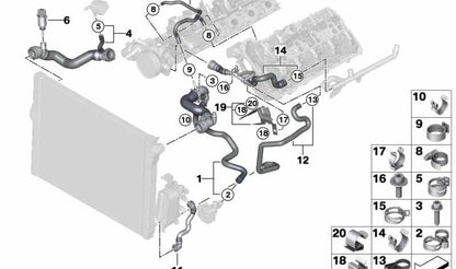 Tubo de refrigerante OEM 17127595250 para BMW F07, F10, F11, F06, F12, F13, F01, F02, F04. Compatible con versiones normales y LCI. Original BMW.