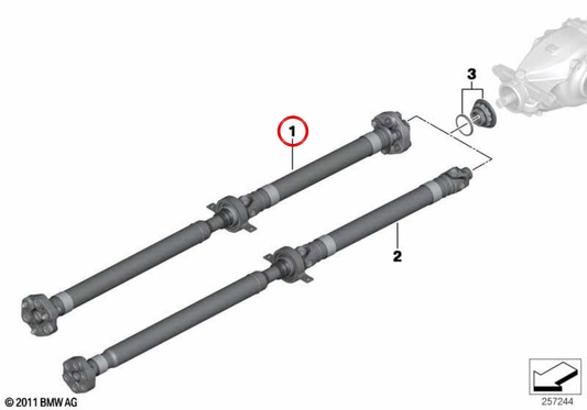 Árbol de transmisión para cambio manual OEM 26107598405 para BMW Serie 1 F20 F21 120d y Serie 2 F22 220d, tracción trasera, L=1457 mm. Original BMW.