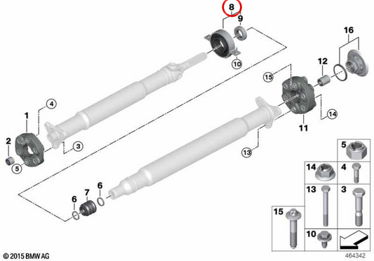 Soporte central de transmisión en aluminio OEM 26118488058 para BMW G20 (330d con motor B57) con tracción trasera. Compatible con modelos producidos entre 2019 y 2027. Recambio original BMW.