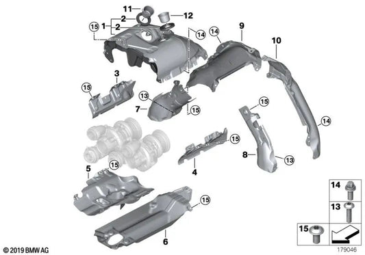 Proteção térmica inferior para BMW 5 F07 Series, F10, F11, Série 6 F06, F12, F13, Série 7 F01, F02, F04, X5 E70N, F15, X6 E71, F16 (OEM 1165777001). BMW original
