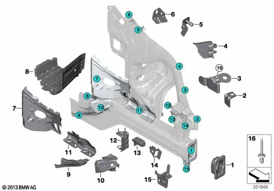 Radiator support lower left for BMW X5 E70, F15, X6 Series E71, F16 (OEM 41117174341). Original BMW
