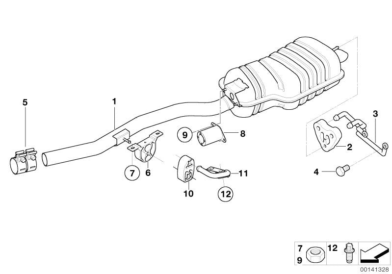 Soporte delantero de silenciador trasero OEM 18307793823 para BMW E46 {318d, 320Cd} Original BMW.