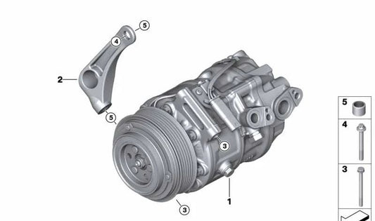 Compresor de aire acondicionado con embrague magnético OEM 64525A112E2 para BMW G12, G12N. Compatible con gas R134A y R1234YF. Recambio original BMW.